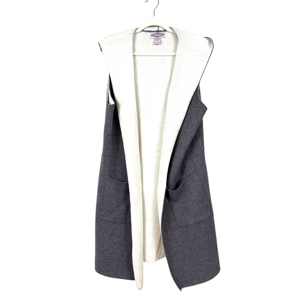 Oliver Womens L Gray Cream Hooded Duster Cardigan Viscose Sweater Cozy
